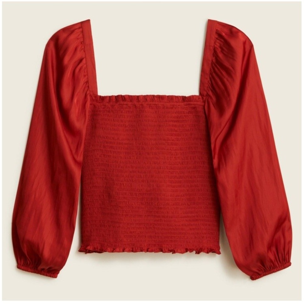 J CREW Top Womens M Rust Square Neck Smocked Featherweight Satin Blouse NEW
